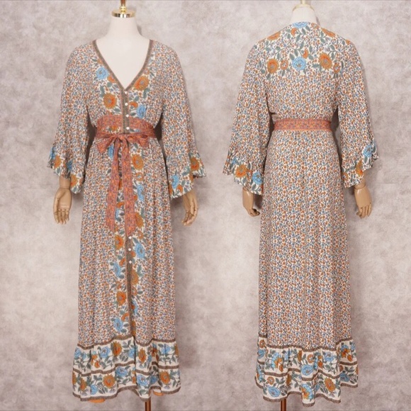 08 Boho Floral Print Button up Belted Kimono Dress - Picture 5 of 7